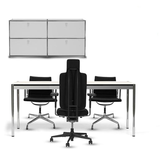 Modern office setup with a desk, chairs, and a partition wall on a white background.